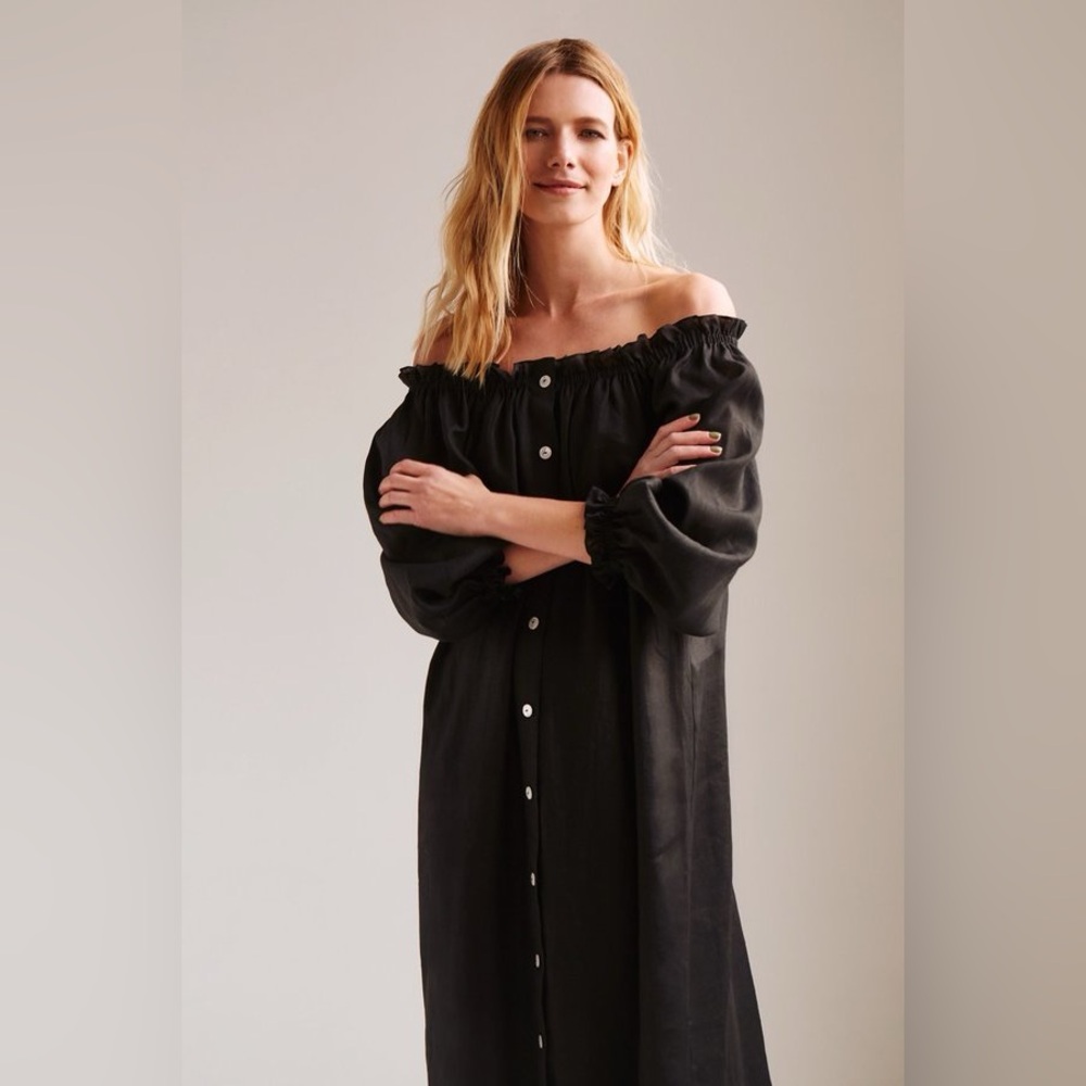 New! Sleeper Caviar Ruffled Off-Shoulder Black Button Front Midi Dress 🖤 OS - Picture 2 of 16